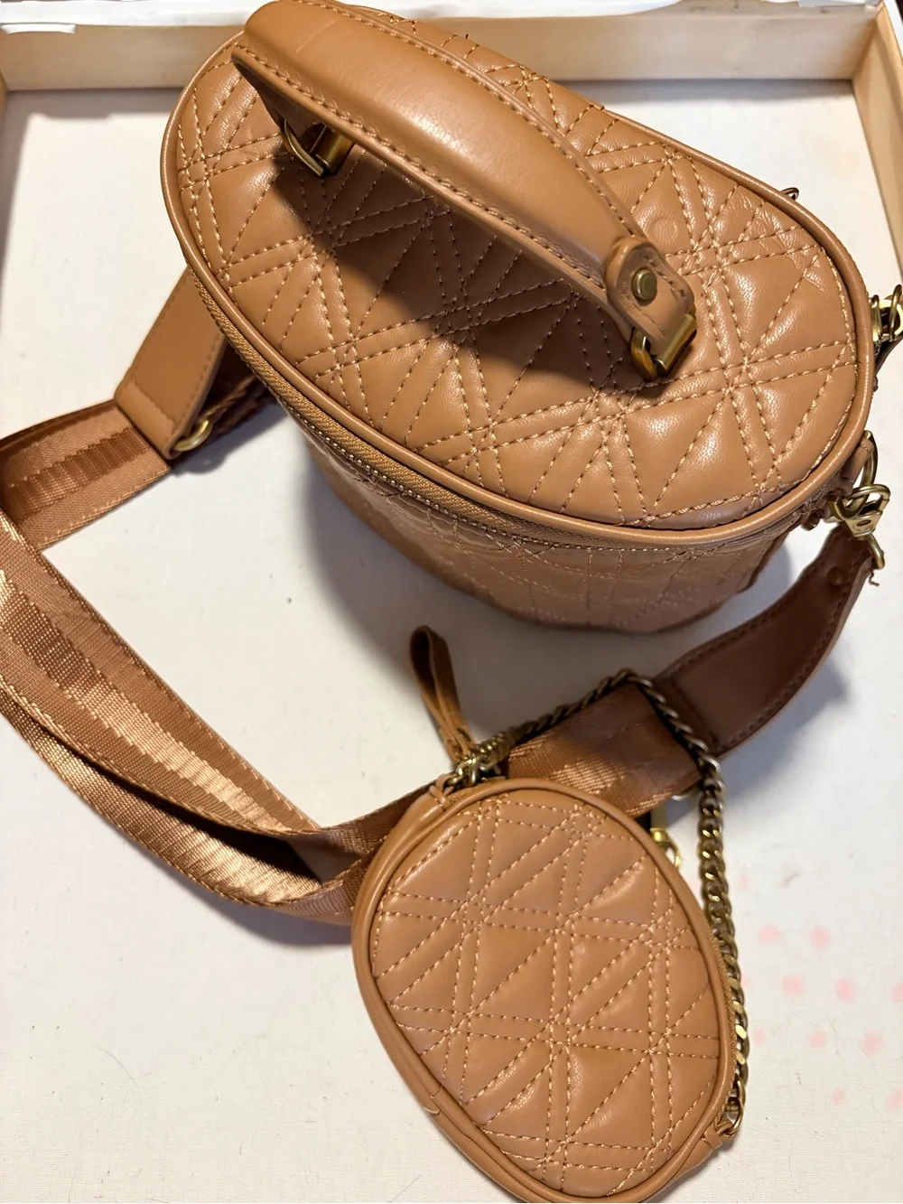 Zara Quilted Tan Cosmetic Bag
